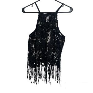 Nwt Black crochet fringe tank top see through sheer festival top
